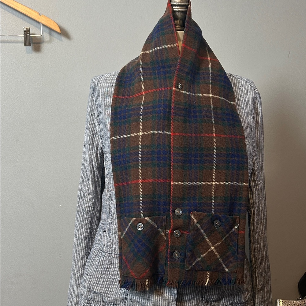 Vintage Plaid Wool Scarf with Buttoned pockets unisex adult or child use rare